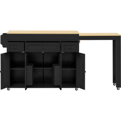 Isla de cocina con ruedas extensible MDF negro y natural con cajones y especiero (1/5)