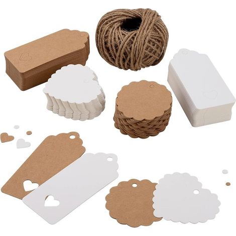 200PCS Gift Tags, Brown and White Kraft Paper Tags, Blank Rectangular, Heart, and Round Tags, Wedding, Gift, Christmas, and Party Tags, 26m Jute Twine (1/5)