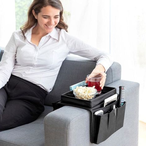 Schwarze Aufbewahrungstasche aus Oxford-Gewebe für Sofas, 54 x 31 x 4 cm, mehrlagig mit Fächern, geeignet für die Seite des Sofas, Schlafzimmer, Wohnzimmer (1/3)