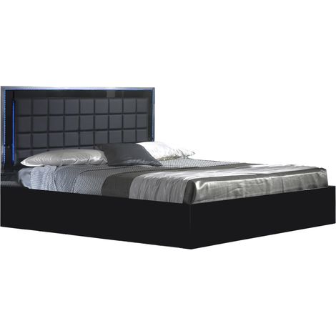 Lit design noir laqué et tête de lit capitonnée simili cuir noir avec Led Turin-140x190 (1/5)