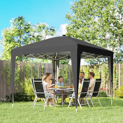 Tonnelle pliante 3x3 m avec hauteur réglable, éclairage central et télécommande. Fabriquée en métal et polyester. Noire.