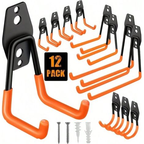 12PCS Crochets de Garage en Acier Résistant - Revêtement Anti-Dérapant pour Outils, Échelles, Vélos,Orange (1/2)