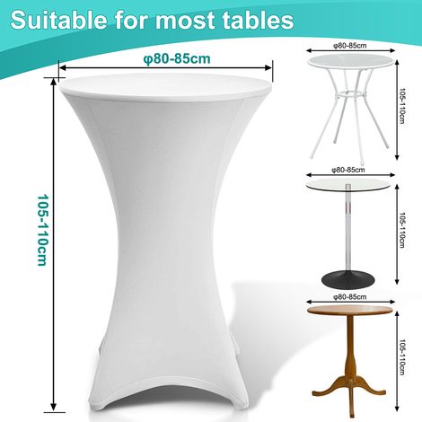 Randaco Juego de 5 fundas elásticas para mesas altas, blancas: fundas elásticas para mesas de bar de Ø 80-85 × 110 cm con 4 lengüetas para los pies