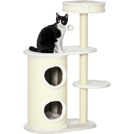 Arbre à chat avec tonneau griffoir, panier, niche double et jouet suspendu, revêtement tissu, 100 cm, crème, stable pour chats de moins de 5 kg CHICFURN (1/5)