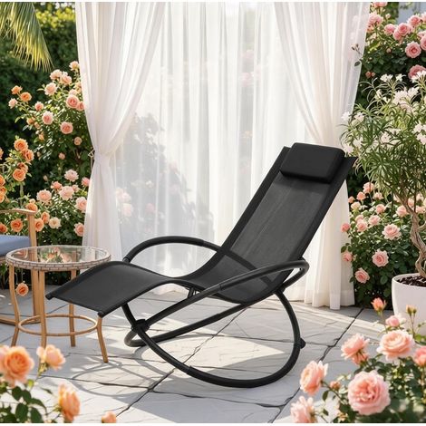 Garten-Schaukelstuhl aus Metall in Schwarz mit Textilene, gepolsterten Armlehnen und abnehmbarem Kissen (1/4)