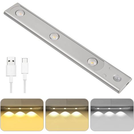 Lampe de Placard avec Détecteur de Mouvement, 3 Couleurs Lampe Led Rechargeable USB, Led Lumière d'armoire Dimmable, LED Veilleuse, Éclairage sans Fil pour Cuisine, Escalier, Couloir - 30CM (1/5)