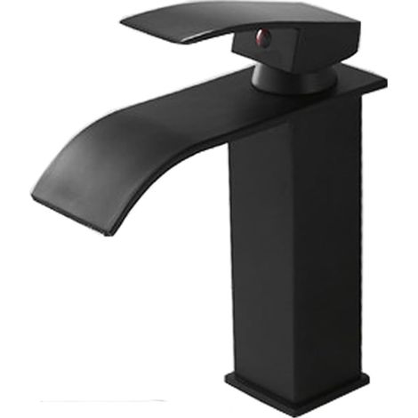 Robinet d'évier cascade noir, montage sur pont, mélangeur d'eau chaude et froide, monotrou à levier unique, noyau en aluminium (1/5)