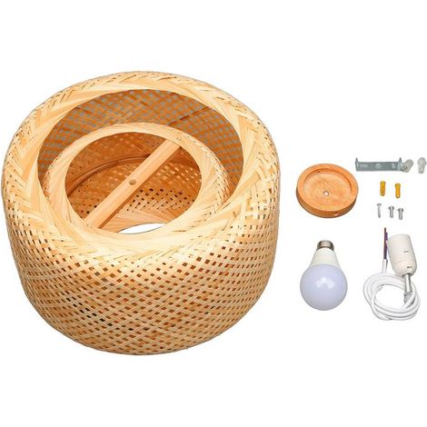 Suspension en Bambou et Pin Style Chinois, Luminaire Tissé à la Main E27, Design Rustique pour Salon, Salle à Manger, 40x40x40cm (1/4)