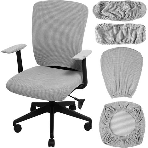 Ensemble de 4 housses de chaise de bureau, avec accoudoirs élastiques et housse d'assise, gris clair. (1/5)
