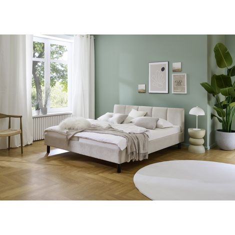 Meise Möbel Polsterbett Joker 180x200 cm Doppelbett Bettgestell Kopfteil mit tiefem Einzug Strukturstoff Beige Holzfuß schwarz (1/5)