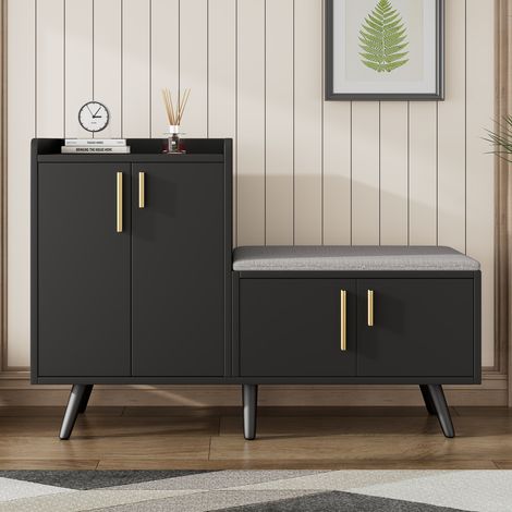 Banc à chaussures moderne en noyer noir, meuble à chaussures avec quatre portes de rangement et poignées asymétriques en métal, L 120/P 34/H 82,8 cm (1/5)