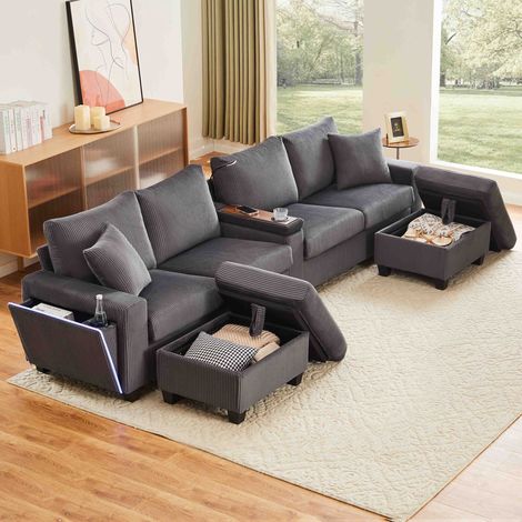 Canapé en U 334x128,5x81cm avec 2 tabourets lampe de lecture tablette pliante porte gobelet ports USB, accoudoirs avec LED, tissu velours côtelé, gris (1/5)