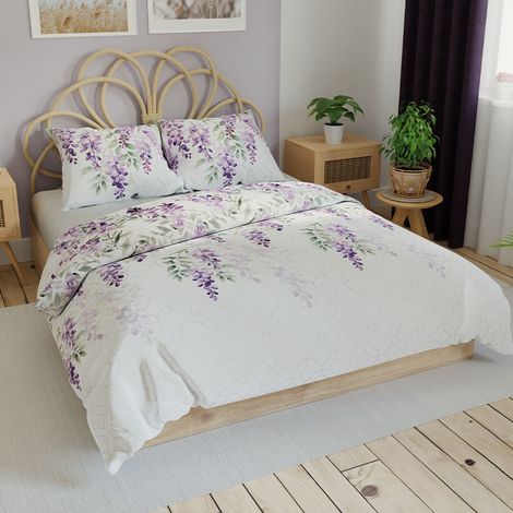 Parure de lit LAVANYA 220x200 cm - satin de coton, motif floral, élégance blanche et violette (1/5)