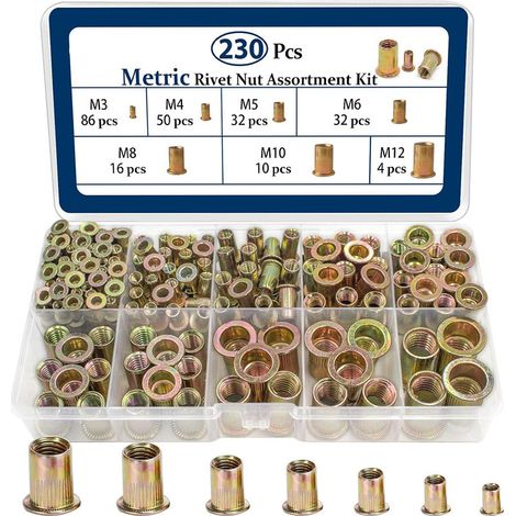 230 Stück Gewindenieten aus verzinktem Kohlenstoffstahl, flacher Kopf mit vertikalem Muster, gemischte Box metrisches und imperiales System (1/5)