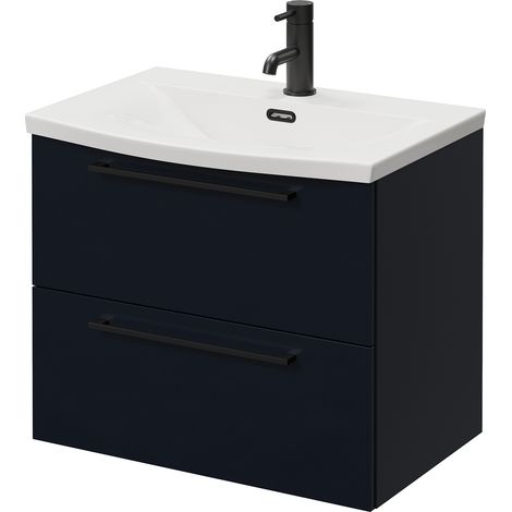 Napoli 390 Deep Blue 600mm Wall Mounted 2 Drawer Vanity Unit with Arc Basin - 600mm - Matt Black 320mm Handle