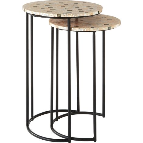 Interiors by Premier Set of 2 Pearl Side Nesting Tables, Round Top Tables with Black Iron Legs, Couch Side Tables for Living Room (1/5)