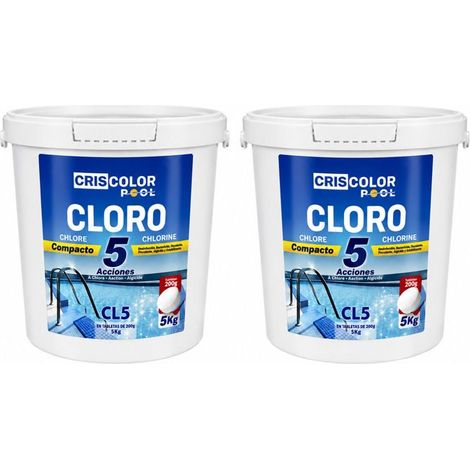 Lot de 2 Seau du Chlore Compact 5 Actions Criscolor Pool 5 kg,Désinfectant, Algicide et Floculant pour une Eau Saine et Cristalline (1/3)