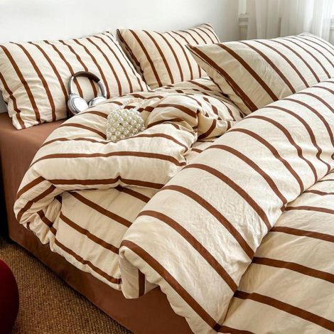 Bettwäsche-Set 155x220 cm Beige Braun Gestreift Mikrofaser mit Reißverschluss