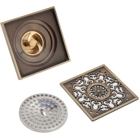Bonde de douche carrée avec grille amovible, siphon de sol en laiton antique pour une évacuation optimale des eaux usées domestiques, équipé d'un filtre haute densité, idéal (1/5)