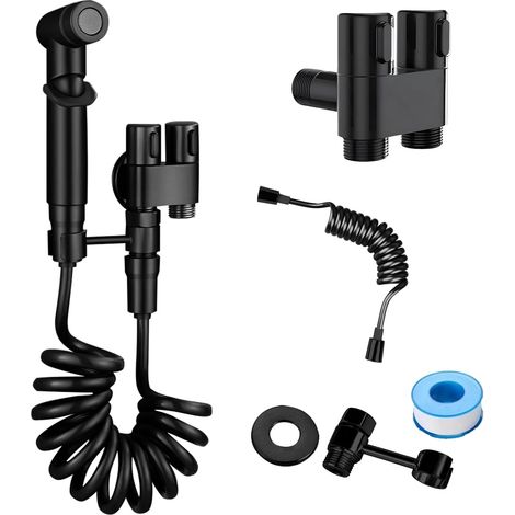 Douchette WC portable (noire) - Double valve 1 entrée/2 sorties + Mini kit - Accessoire WC/douchette/kit douchette - Idéal pour la maison, les voyages, les toilettes et une hygiène optimale (1/2)