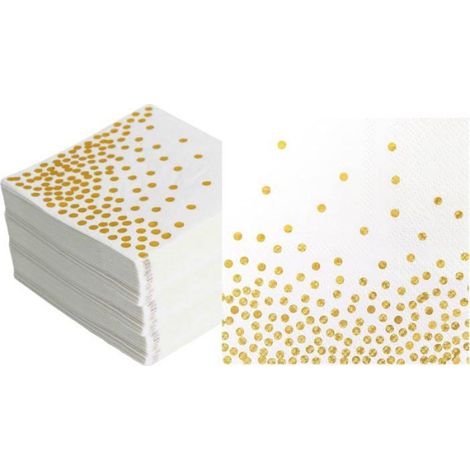 100 Serviettes en papier, Blanc et doré, Motif pois, 33x33 cm, Pour fête et cocktail (1/5)