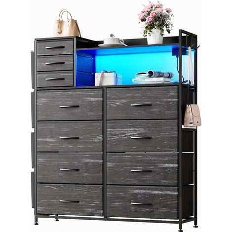 Commode avec Tiroirs en Tissu 11 Tiroirs (8+3) + 4 Pochettes Latérales, Station De Charge avec Prises Et Ports USB, Étagères Et LED Intégrées, Structure Métal Robustes Et Plateau Bois (1/5)