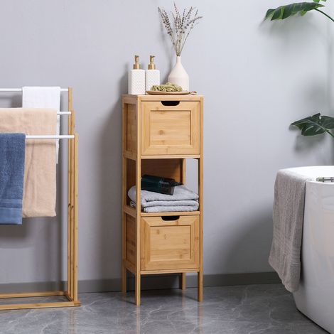 kleankin Badezimmerschrank aus Bambus, 1 Regal, 2 Schubladen, 30 cm x 30 cm x 90 cm Natur