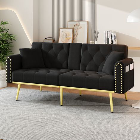 Divano letto 175/80/73,5 cm in velluto nero con schienale regolabile e porta bicchieri (1/5)