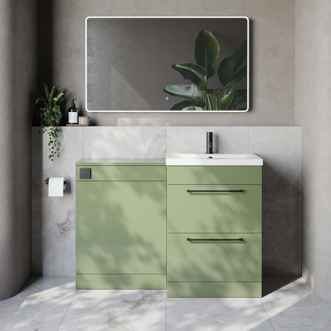 Napoli 390 Cento Olive Green 1200mm 2 Drawer Vanity Unit Toilet Suite with Glide Basin - 1200mm - Matt Black 320mm HandleWithout Kingston Toilet Pan