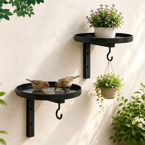 Beyamis Bain oiseaux mural fer lot2 - Mangeoire 2en1 jardin noir (1/5)