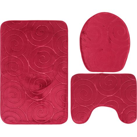 Set di tappetini da bagno, copriwater, tappetino elastico di buona qualità, 3 pezzi, in fibra di poliestere assorbente, tessuto aderente, morbido e confortevole per il bagno (rosso).