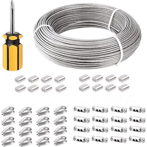cable acier 3mm, 70M cable plante grimpante exterieur, Câble métallique, fil de tension pour clôture, câble métallique pour suspendre des lampes extérieures, câble pour rideaux (70M) (1/5)