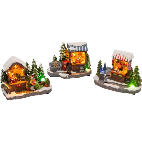 LED Weihnachtsstadt bunt beleuchtet - 3er Set - Weihnachtsdorf Szene Verkaufsstand - Weihnachtsdeko Tischdeko Fensterdeko Weihnachten Advent Winter Deko Batterie betrieben
