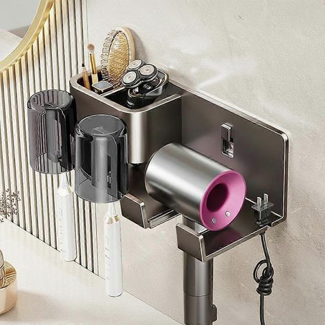 Étagère de rangement de salle de bain 3 en 1 sans perçage, fixée au mur, avec porte-brosses à dents et porte-sèche-cheveux, rangement intégré, convient pour 4 personnes, sans porte-gobelets. (1/2)