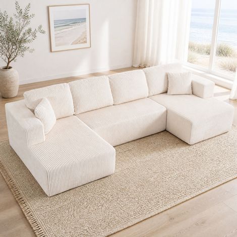 Sofá modular U blanco de pana, 332 x 156 x 88 cm, sin montaje, con chaise longue y cojines, OKWISH (1/5)