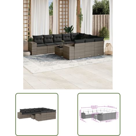 The Living Store 11-tlg. Garten-Sofagarnitur mit Kissen Grau Poly Rattan - Gartenmöbel Set - PE-Rattan Möbel - Outdoor Lounge - Esstisch - Sofasatz (1/3)