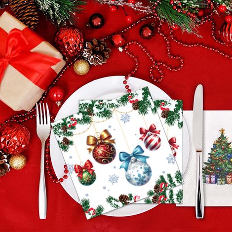 Serviettes En Papier De Table Noel - Motifs Boules Flocons Branches - 16 5x16 5 Cm - Usage Festif Et Familial - 20 Unites (1/5)