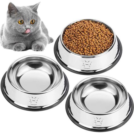 3PCS Gamelle Chat, Gamelles en Acier Inoxydable pour Chat et Chien Gamelle Fournitures Pour Animaux (Fond: 15cm. Bouche du Bol: 11 cm) (1/5)