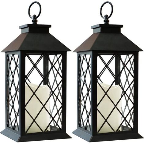Bougies solaires LED - Lumières d'extérieur à économie d'énergie, lumière clignotante jaune - Pour jardins et terrasses - À suspendre avec verre - Lot de 2 - Noir (1/5)