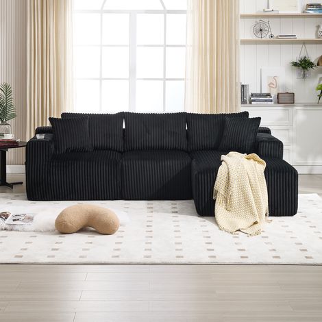 Canapé modulable avec chaise longue et 2 places, revêtement doux en velours côtelé, 5 coussins, poches latérales et porte-gobelets, mousse haute densité, combinaison DIY, idéal pour salon, appartement (1/5)