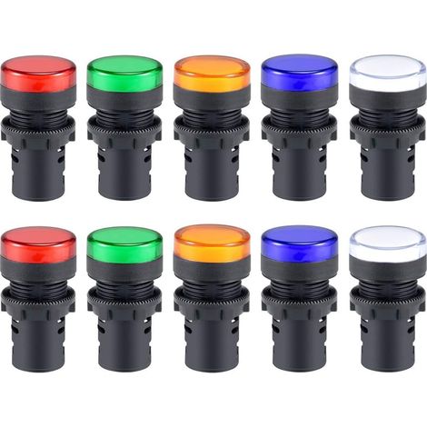 Lot de 10 Voyants LED Lumineux Indicateur AD16-22D/S - 22mm 20mA, LED Montage sur Panneau Encastré (Rouge/Vert/Bleu/Jaune/Blanc, Chaque Couleur 2pcs) (1/5)