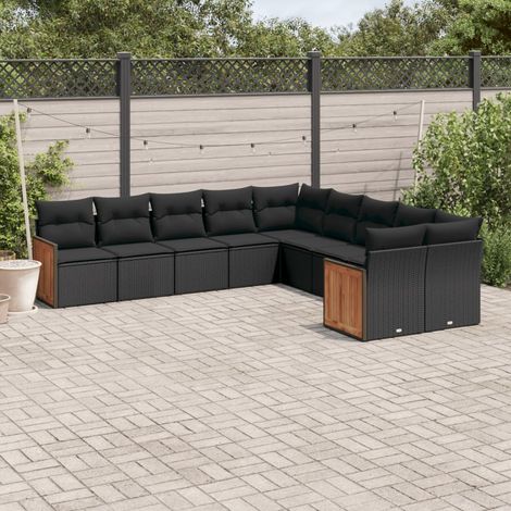 Ensemble Salon Jardin 10 Places Résine Tressée Noir avec Coussins - Meuble Extérieur Modulaire pour Terrasse (1/5)