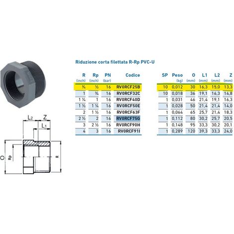 Riduzione corta filettata R-Rp PVC-U MF 3/4" x 1/2" RV0RCF25B - -  GEORGE FISCHER - -