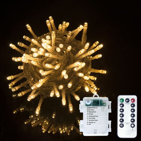 Guirlande lumineuse LED à piles sur câble transparent - Télécommande - Éclairage à piles - Pour Noël, arbre, jardin, mariage, vacances, fête (blanc chaud, 100 LED) (1/5)