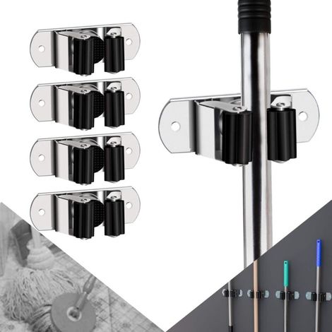 4 PCS Broom Holder Wall Tool Holder Heavy Duty Broom Holder Made of Stainless Steel Garden Tool Holder Wall Mount Broom for Storage Room Garage Garden Black