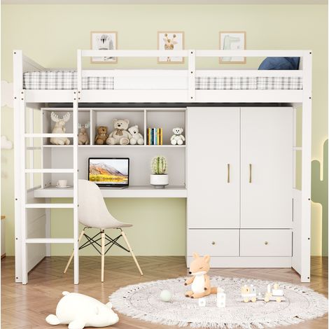 Letto rialzato bambini 90x200 cm con scala, scrivania, armadio, vani portaoggetti e 2 cassetti, senza materasso, bianco (1/5)