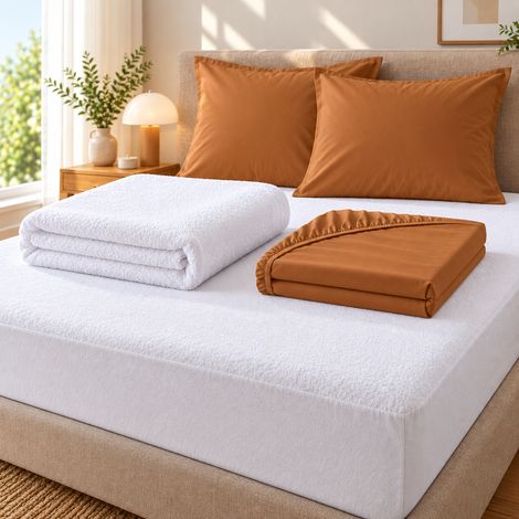 Pack literie – Protège matelas 140x190 imperméable + drap housse + 2 taies Caramel (1/4)