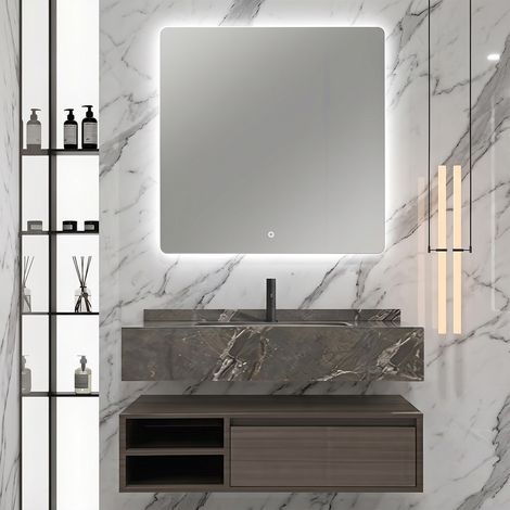 Mobile bagno sospeso con un cassettone composizione composta da base mobile, lavabo, specchio a LED - 100 cm - Noce (1/3)