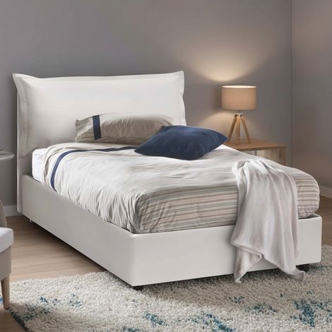 Talamo Italia Cama de plaza y media Angela, Cama contenedor con tapizado en ecopiel, 100% Made in Italy, Apertura frontal, adecuado para colchón Cm 120x190, Blanco, con embalaje reforzado (1/5)