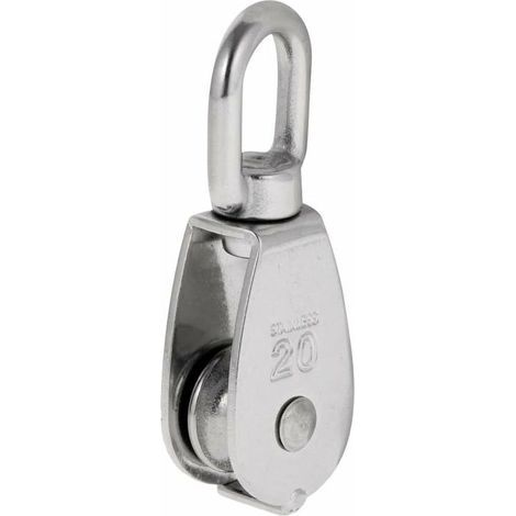 Puleggia a fune singola per carichi pesanti con snodo in acciaio inox, blocco puleggia, carico massimo 35-75 kg - M20 (1/4)